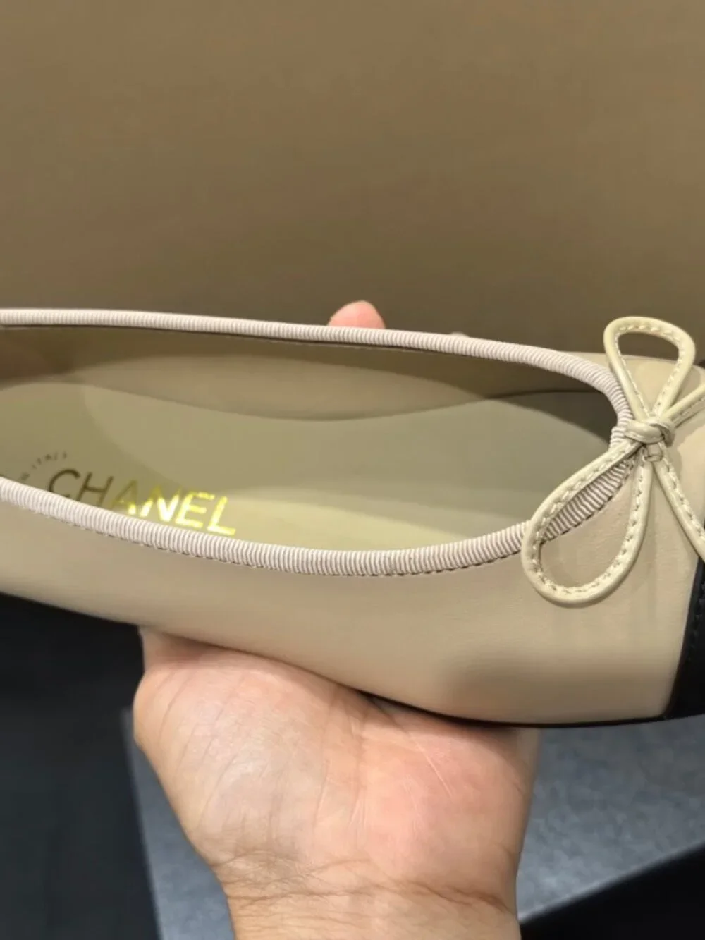 CHANEL Beige Lambskin Cap Toe Ballerina Flats